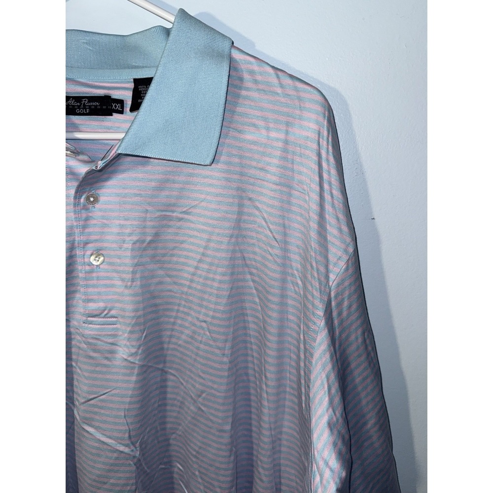 ALAN FLUSSER Men's Polo Golf Shirt Striped Short Sleeve Pink Blue Size XXL